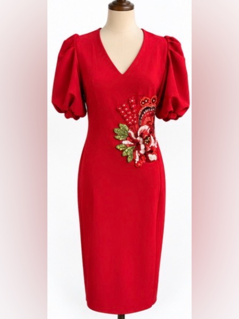 Hale Bob Red Beaded Sequin Puff Sleeve Midi Dress S NWT $458
